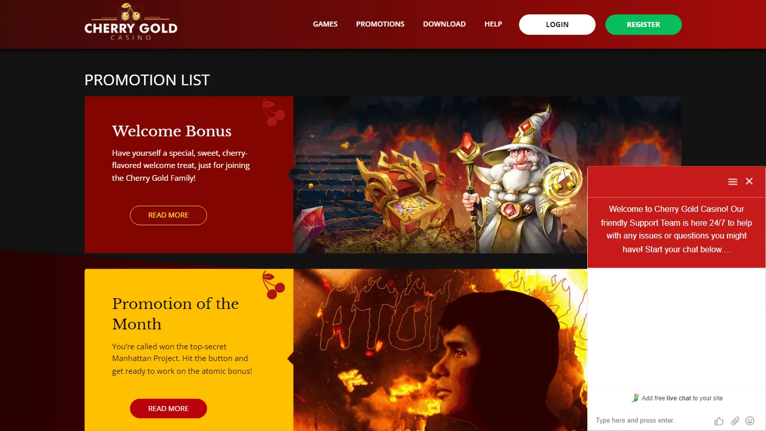 Cherry Gold Casino desktop promotions area