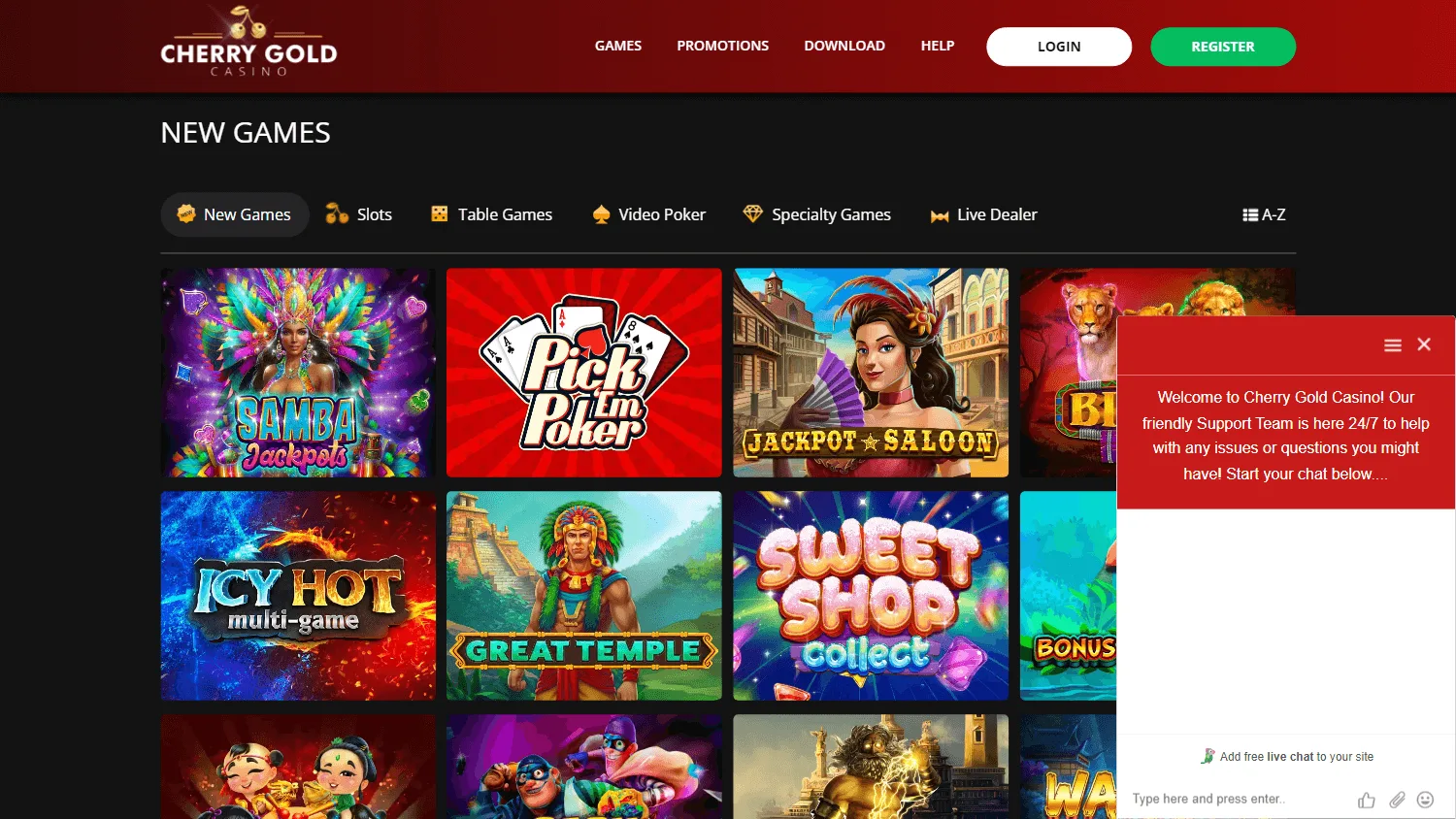 Cherry Gold Casino desktop games area